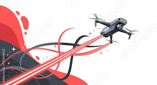 Drone flight path with red propulsion trail set against a contemporary abstract backdrop