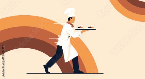 Dynamic chef illustration delivering gourmet food with swift motion graphics and vibrant color tones