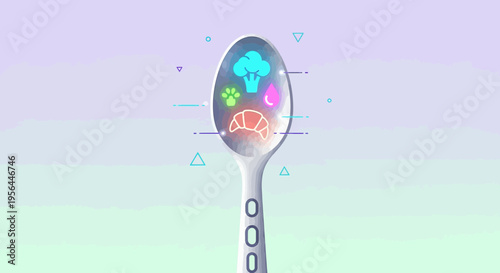 Digital spoon presentation with nutrition symbols for balance diet and food intake display