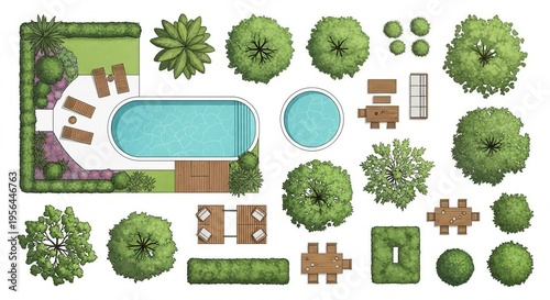 Top view garden landscape elements set with swimming pool trees and patio furniture for plan
