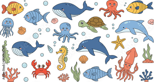 Underwater Sea Animals Set with Fish Dolphin Whale Octopus Crab and Turtle, Cute Marine Life Collection for Kids Illustration and Ocean Design