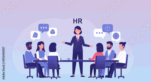 Diverse professionals collaborating during a business strategy meeting led by HR representative