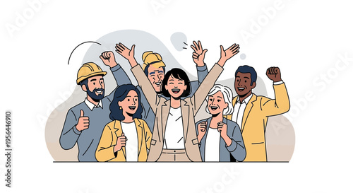 Diverse team celebrating success with arms raised in triumph and collaborative spirit showing