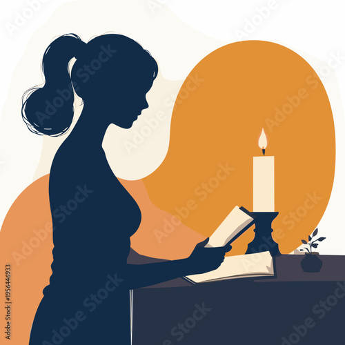Silhouette of a thoughtful young woman reading a book by candlelight with an abstract background
