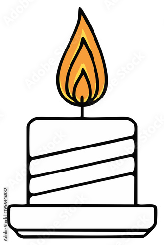 Single lit birthday candle with orange flame on a white background and blue stripes on its side