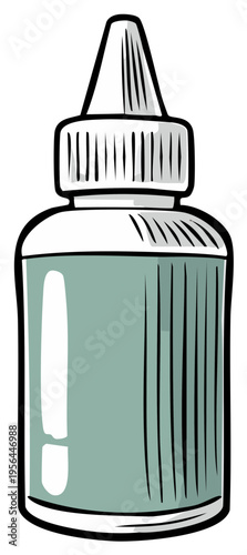 Cartoon medical bottle with a dispensing cap for eye or ear drops in blue liquid.