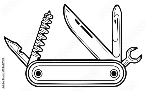 Black and white illustration of multi-tool showing blades and tools
