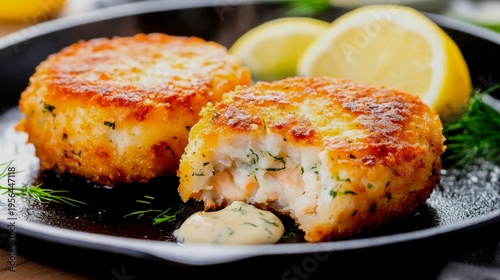 two perfectly golden-brown, pan-fried fish cakes (made from cod or salmon) sizzling in a cast-iron skillet