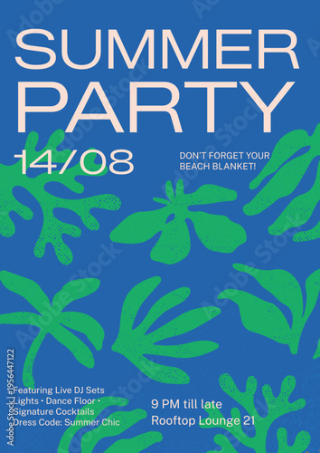 Modern Summer Party Flyer Template with Vibrant Green Abstract Seaweed Shapes on Blue Background