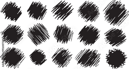 A versatile set of hand-drawn scribble textures featuring various hatching and cross-hatching styles.