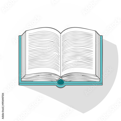 Open teal hardcover book with lined pages casting a shadow on a white surface illustration