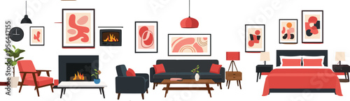 Modern Home Interior Set with Living Room and Bedroom Furniture, Sofa, Fireplace and Decor Elements Vector Illustration