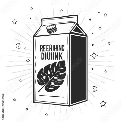 Black and white illustration of a milk carton with a monstera leaf and stylized rays and stars