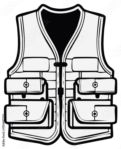 Vector illustration of a fishing vest with pockets and zipper, practical outdoor apparel for anglers, fishing equipment