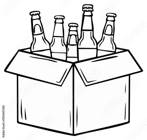 Cartoon drawing of a six pack of beer in a box