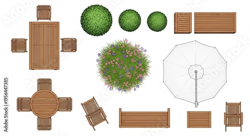 Top view garden landscape design elements set with wooden patio furniture and green plants
