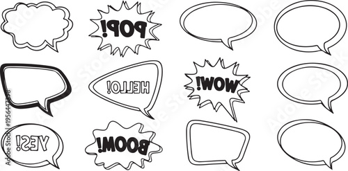 A set of hand-drawn comic book speech bubbles and explosion clouds.