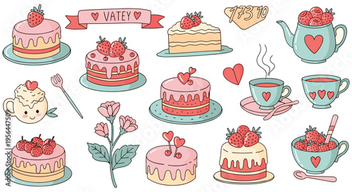 Colorful Valentines Day desserts and tea set in cute cartoon style with pink and red hearts in bright lighting for Valentines Day celebration