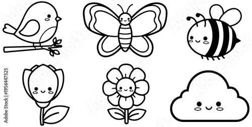 Whimsical smiling animals and flowers in cute cartoon style