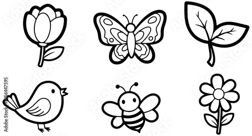 Delicate line drawings of flowers, butterfly, bee, and bird in elegant black and white