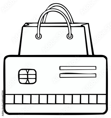 Shopping bag conceptual illustration over credit card, representing online retail and payment.