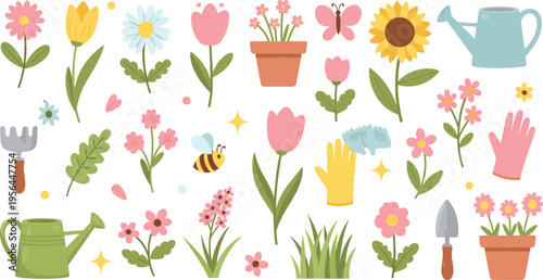 Garden Elements Set with Flowers Plants Watering Cans and Tools, Cartoon Botanical Collection for Spring Gardening, Nature Illustration, and Outdoor Design
