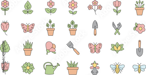 Cute Garden Icons Set with Flowers Plants Tools Butterflies and Bees, Cartoon Spring Collection for Nature Illustration, Gardening Design, and Decorative Elements