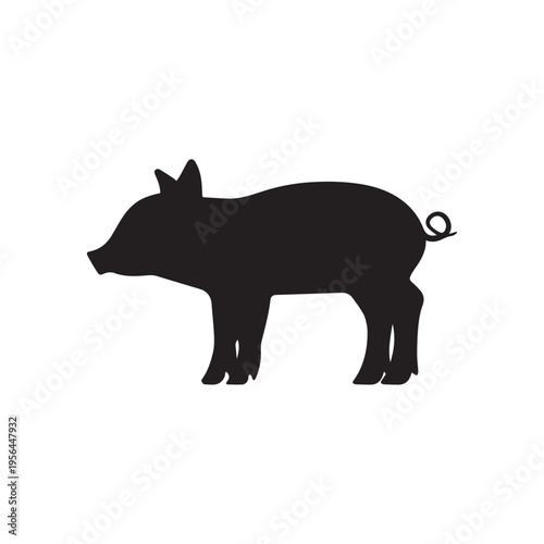 Vector black silhouette of a little piggy on white background 