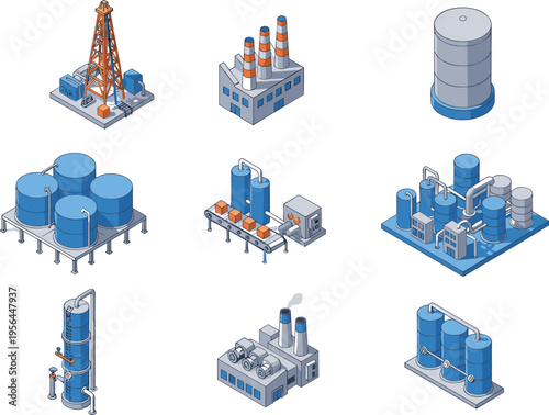 Isometric industrial facility icons set featuring oil rig, factory smokestacks, chemical plant, distillation column, power plant cooling towers, and storage tanks infrastructure illustration