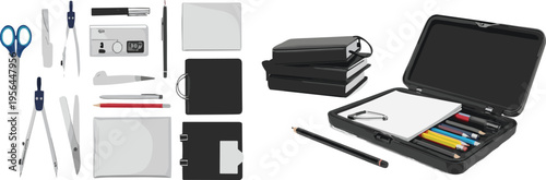 Office and school stationery set with pencils scissors compass folders drawing tools flat vector illustration collection