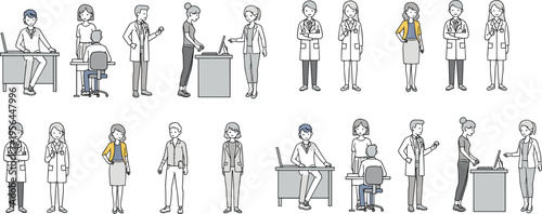 Office and medical professionals characters set with doctors staff business people workplace interaction flat vector illustration collection