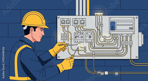 Electrical engineer working on a power distribution board with wires and components expertly crafted
