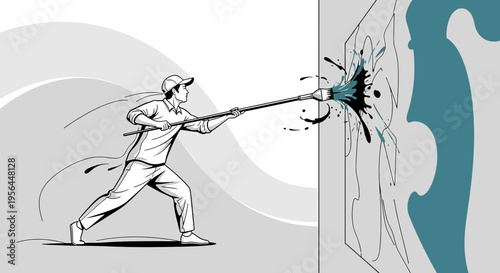 Dynamic depiction of a worker applying paint to a wall with a long-handled brush displaying a bold
