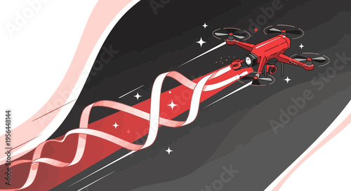 Dynamic digital artwork showcases red drone delivering package with vibrant trail and star accents