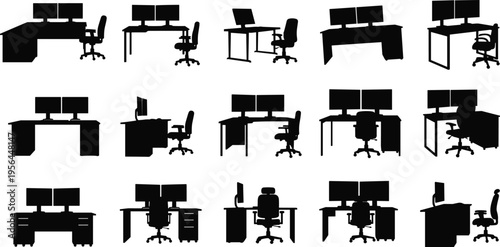 Office desk silhouettes, workstation setups, ergonomic workspace, computer monitors, office chairs, L‑shaped desks, corner designs, remote work, home office illustration