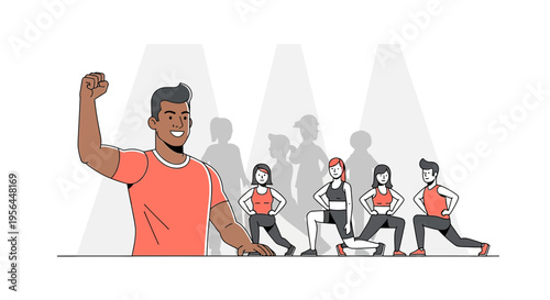 Dynamic fitness class illustration with an enthusiastic instructor and active participants