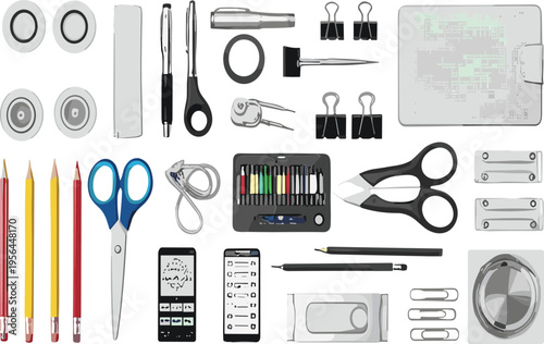Photos Office stationery tools set with scissors pens pencils clips tape supplies flat