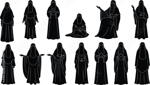 Black silhouette set of Muslim women wearing traditional abaya and khimar hijab in various standing and sitting poses for Islamic design