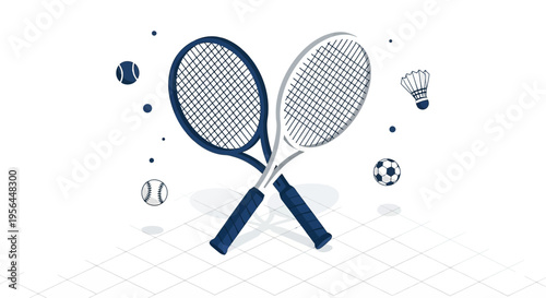 Dynamic sports equipment composition with tennis rackets, baseball, soccer ball, and badminton