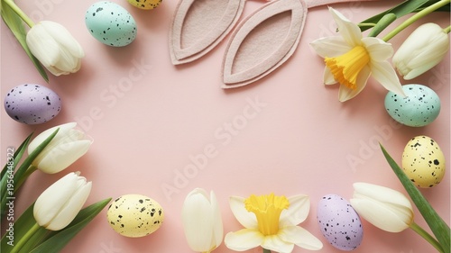 Pastel Easter composition with bunny ears, eggs and flowers on pink copy space background