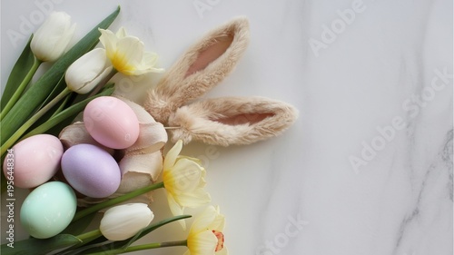 Easter pastel eggs with bunny ears and spring flowers on pink background, copy space holiday design