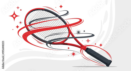 Dynamic tennis racket illustration with swirling red motion streaks and starbursts design