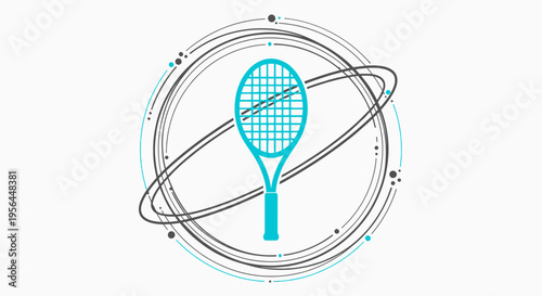 Dynamic tennis sport emblem featuring racket surrounded by swirling lines design