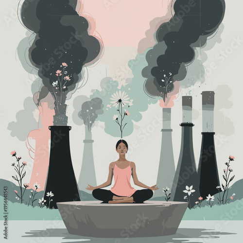 Woman meditating peacefully amidst industrial pollution and flowers, calming atmosphere