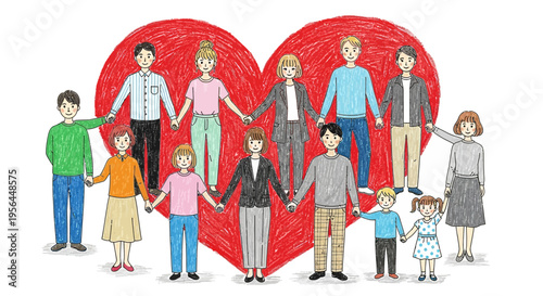 Diverse group of people standing in front of a large red heart