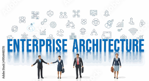 Business professionals standing in front of enterprise architecture icons