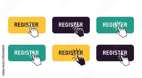 Collection of colorful register buttons with hand cursor
