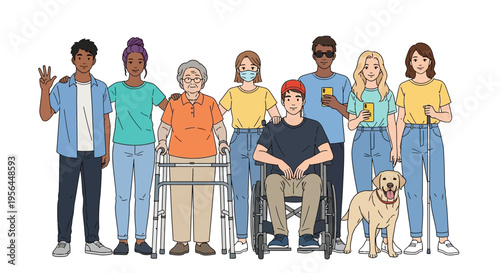 Diverse group of people with a dog and a man in a wheelchair