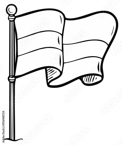 Simple hand drawn flag on flagpole waving in wind line art illustration