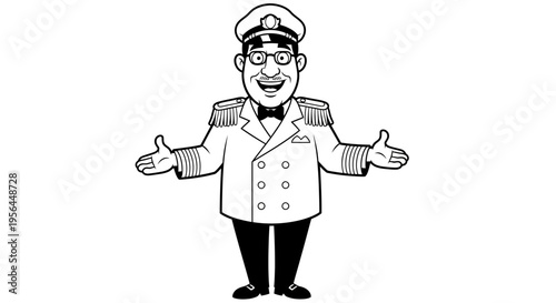 A smiling cartoon captain in a white uniform